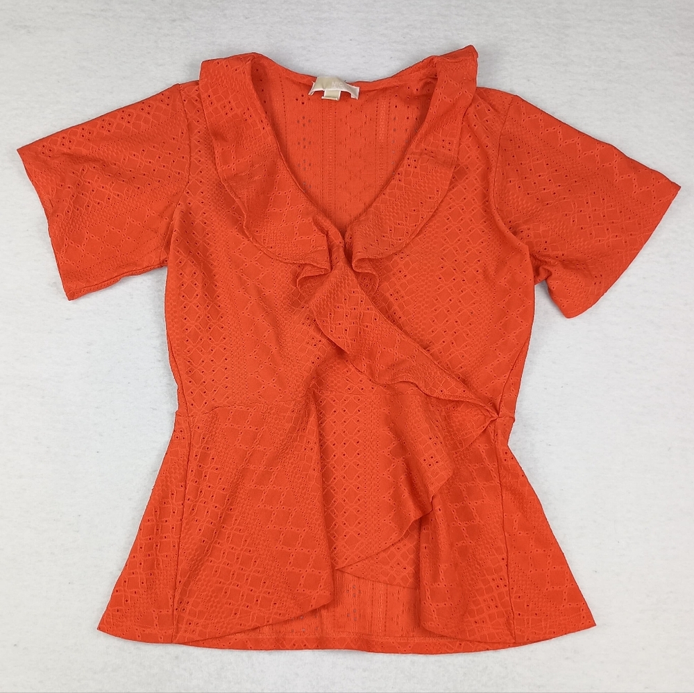 Michael Kors Eyelet Ruffle Blouse In Tangerine Size Small - Picture 2 of 4